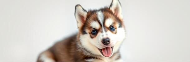 Cute husky puppy with striking fur pattern plays happily in bright indoor space during playful moment photo