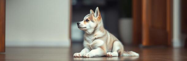 Cute puppy relaxing in a cozy indoor space, enjoying the warmth and comfort of home in the afternoon light photo