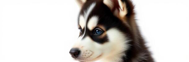 Siberian husky puppy with striking blue eyes looking curiously to the side in a bright setting photo