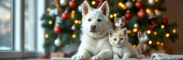 Winter holiday gathering with a white dog and a playful kitten near a decorated Christmas tree in a cozy indoor setting photo