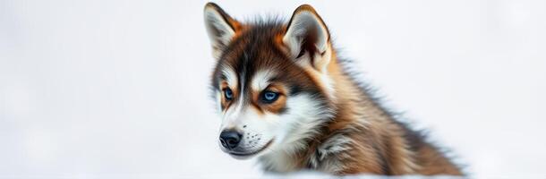 Husky puppy exploring a snowy landscape during a winter day photo