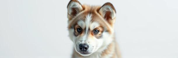 Cute puppy with fluffy fur and expressive eyes poses against a plain background for a charming portrait photo