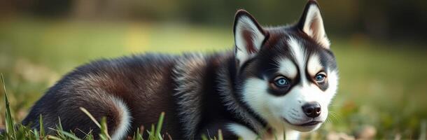 Cute husky puppy resting in green grass on a sunny day at the park photo