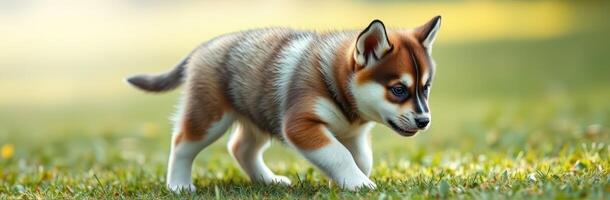 Corgi puppy explores grassy field on a sunny afternoon in a serene park setting photo