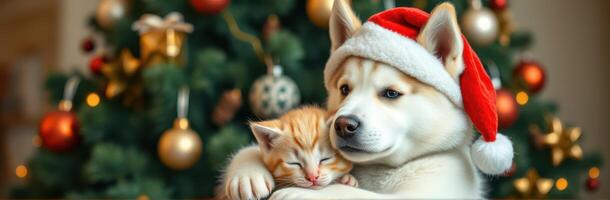 Cute dog wearing Santa hat cuddles with sleeping kitten in front of decorated Christmas tree photo