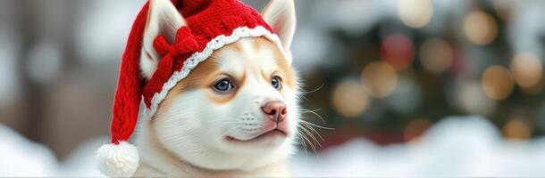 Cute puppy wearing a red Santa hat sitting in the snow with festive decorations in the background photo