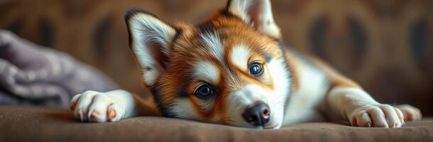 Curious corgi puppy relaxing on a cozy sofa while looking intently at the camera in natural light photo