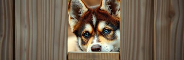 Curious puppy peers through wooden fence at outside world while exploring its surroundings photo