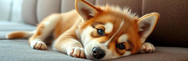 Adorable corgi puppy relaxing on a couch in a cozy living room during the afternoon photo
