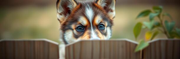 Curious puppy peeks over wooden fence in backyard during sunny afternoon photo