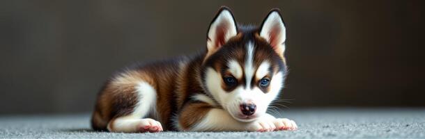 Cute husky puppy resting on a soft surface in a cozy indoor setting, showcasing its playful and curious nature photo