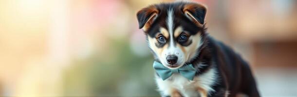 Cute puppy in a blue bow tie poses for a close-up in a sunny outdoor setting during the afternoon light photo