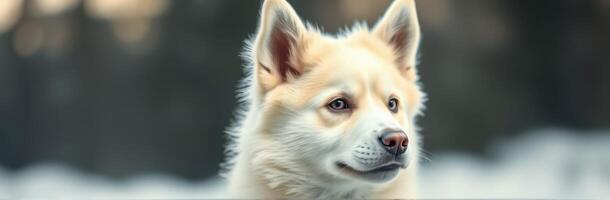 Soft-furred dog gazes thoughtfully in a serene winter landscape at dusk photo