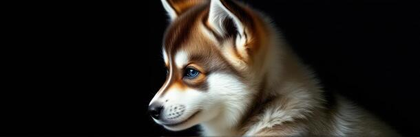 Cute puppy with striking blue eyes sitting against a dark background radiates charm and playfulness photo
