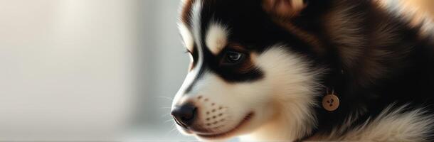 Cute puppy looking thoughtfully to the side in a cozy indoor setting during daylight hours photo