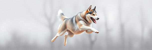 Majestic dog leaps joyfully in a misty landscape during a serene morning exploration photo
