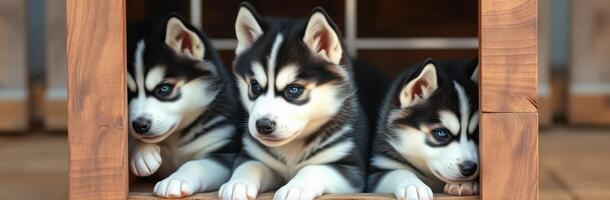 Three playful husky puppies resting together under a wooden structure on a sunny day photo