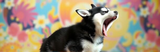 Adorable husky puppy yawns against a vibrant floral background in a playful indoor setting photo