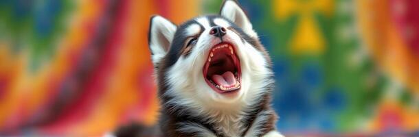 Happy husky puppy yawning playfully with colorful background during sunny day photo