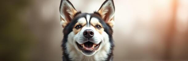 Happy dog with alert expression enjoying a sunny day outdoors in a serene setting photo