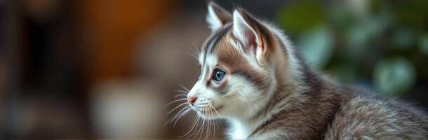 Cute gray and white kitten looking curiously while resting in a cozy indoor setting during a sunny afternoon photo
