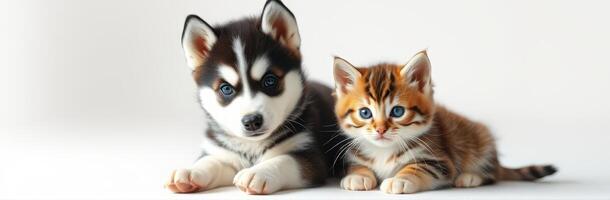Playful puppy and kitten posing together on a light background in a serene indoor setting photo