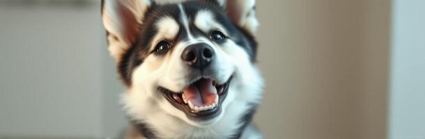 Happy dog enjoying indoors with a playful expression and bright eyes during a sunny afternoon photo