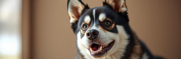 Happy dog with playful expression enjoying time indoors in a cozy space during daylight hours photo