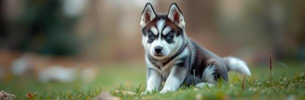 Cute husky puppy playing on green grass in a sunny park during the afternoon photo