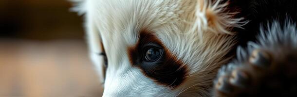 Close-up view of a panda cub resting indoors, showcasing its gentle expression and playful demeanor during a serene moment photo