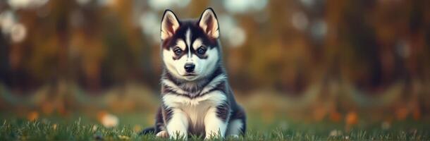 Cute husky puppy sitting on grass in a colorful autumn park with blurred trees in the background photo
