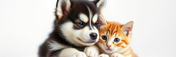 Cute kitten and puppy cuddling together on a soft surface in a bright setting photo