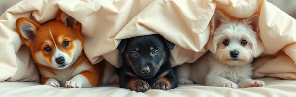 Three adorable puppies snuggled under a blanket on a cozy bed during a lazy afternoon photo
