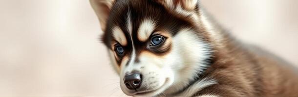 Cute puppy relaxing on soft surface, showcasing brown and white fur patterns and expressive eyes photo