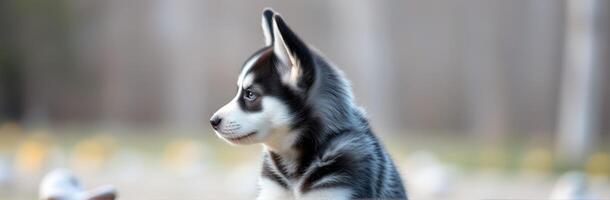 Cute husky puppy sitting outdoors in a park with a blurred background photo