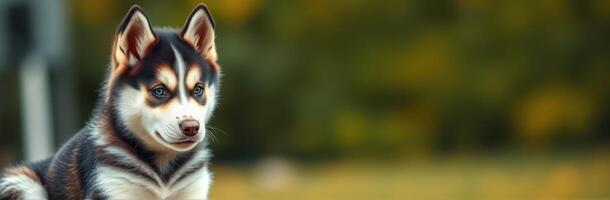 Cute husky puppy sitting on grass during a sunny day in a park photo