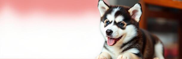 Happy puppy relaxing indoors with playful energy during a sunny afternoon photo