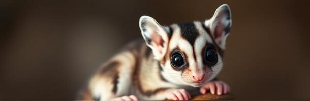 Cute sugar glider perched on a wooden branch with curious expression in soft natural lighting photo