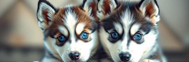 Two playful husky puppies showcasing their striking blue eyes and vibrant fur patterns in an indoor setting during bright daylight photo