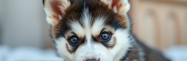 Playful puppy with striking blue eyes engages in a curious exploration in a cozy indoor setting during daylight hours photo