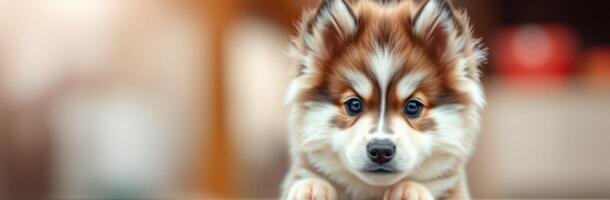 Cute puppy with fluffy fur poses adorably indoors in a cozy setting with warm lighting photo