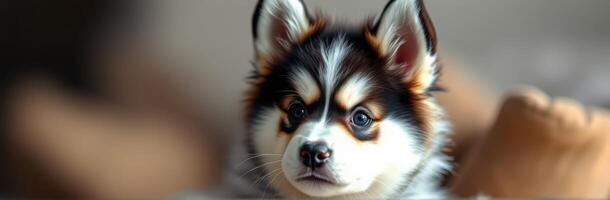 Cute fluffy puppy with striking markings relaxing indoors in cozy setting photo