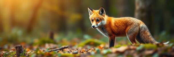 Fox explores a vibrant forest during golden hour in autumn photo