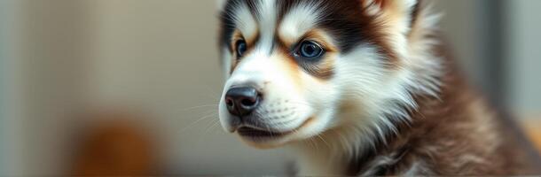 Adorable brown and white puppy gazing with curiosity in a cozy indoor setting photo