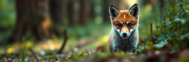 Young fox exploring a lush forest pathway during early morning light photo