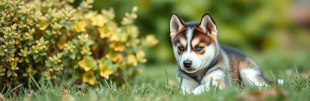 Cute husky puppy relaxing in a garden surrounded by colorful plants on a sunny day photo