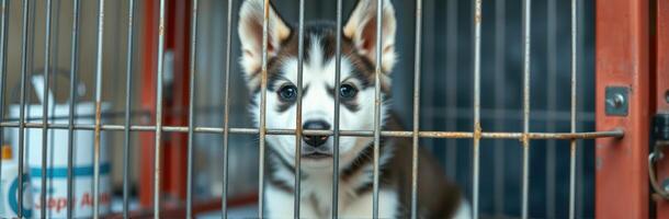 Adorable husky puppy looking through bars in an animal shelter at noon in a bright, inviting atmosphere photo
