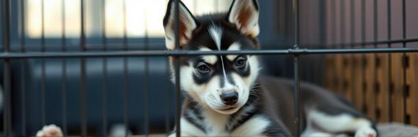 Playful husky puppy rests inside a cozy crate during a sunny afternoon photo