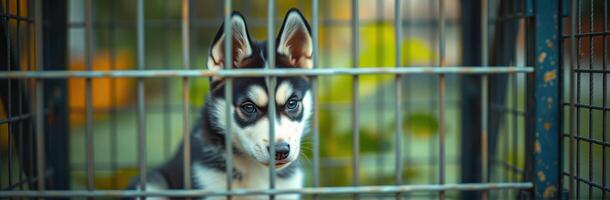 Siberian husky puppy looks through cage bars in an animal shelter during afternoon light photo