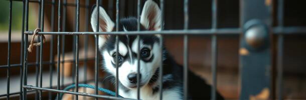 Puppy in a cage looking curiously outside on a sunny day at a shelter facility photo